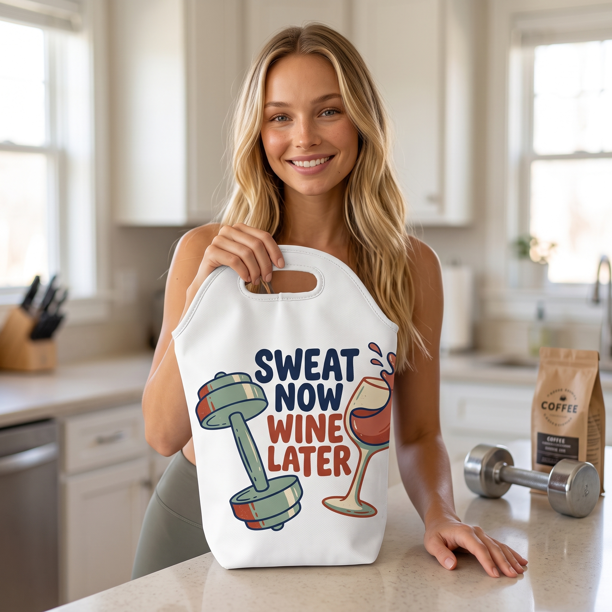 Sweat Now Wine Later insulated wine tote in white at a kitchen counter, close lifestyle photograph
