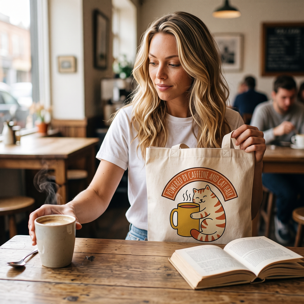 Cat Coffee Powered by Caffeine canvas tote on a cafe table with a coffee mug and an open book