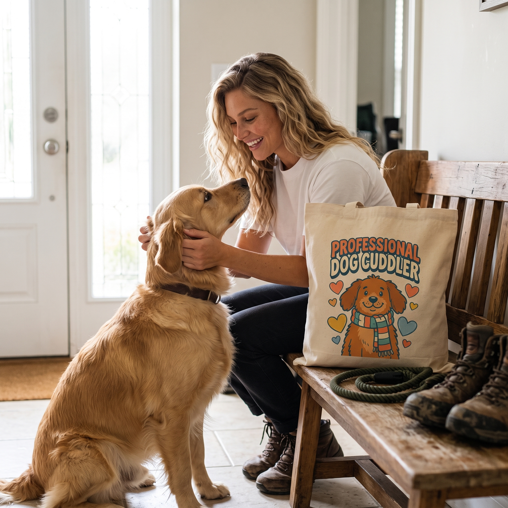 Professional Dog Cuddler canvas tote on an entry bench with a golden retriever and a leash