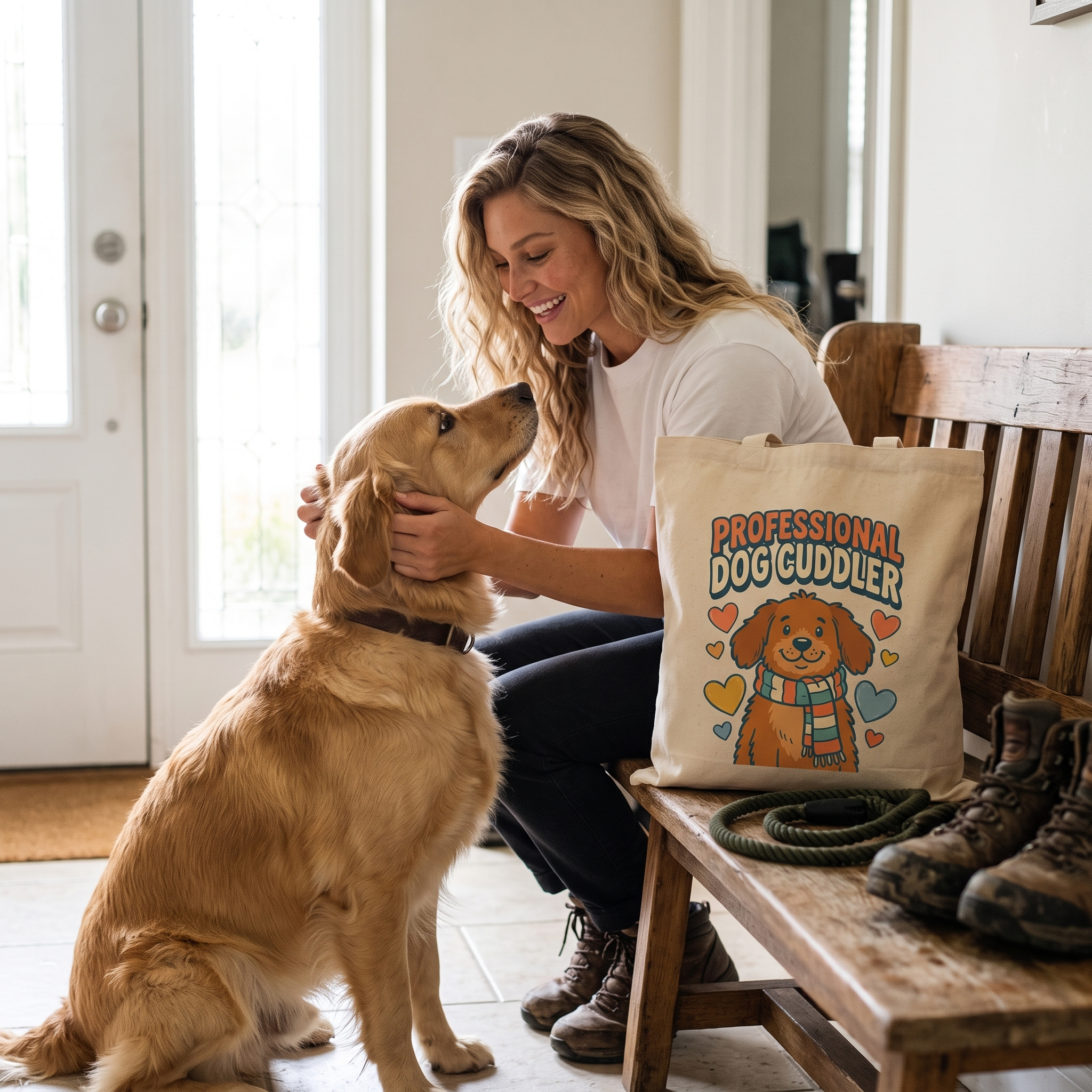 Professional Dog Cuddler canvas tote on an entry bench with a golden retriever and a leash