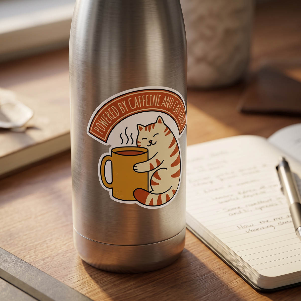 Cat Coffee Powered by Caffeine sticker on a stainless steel water bottle beside an open notebook