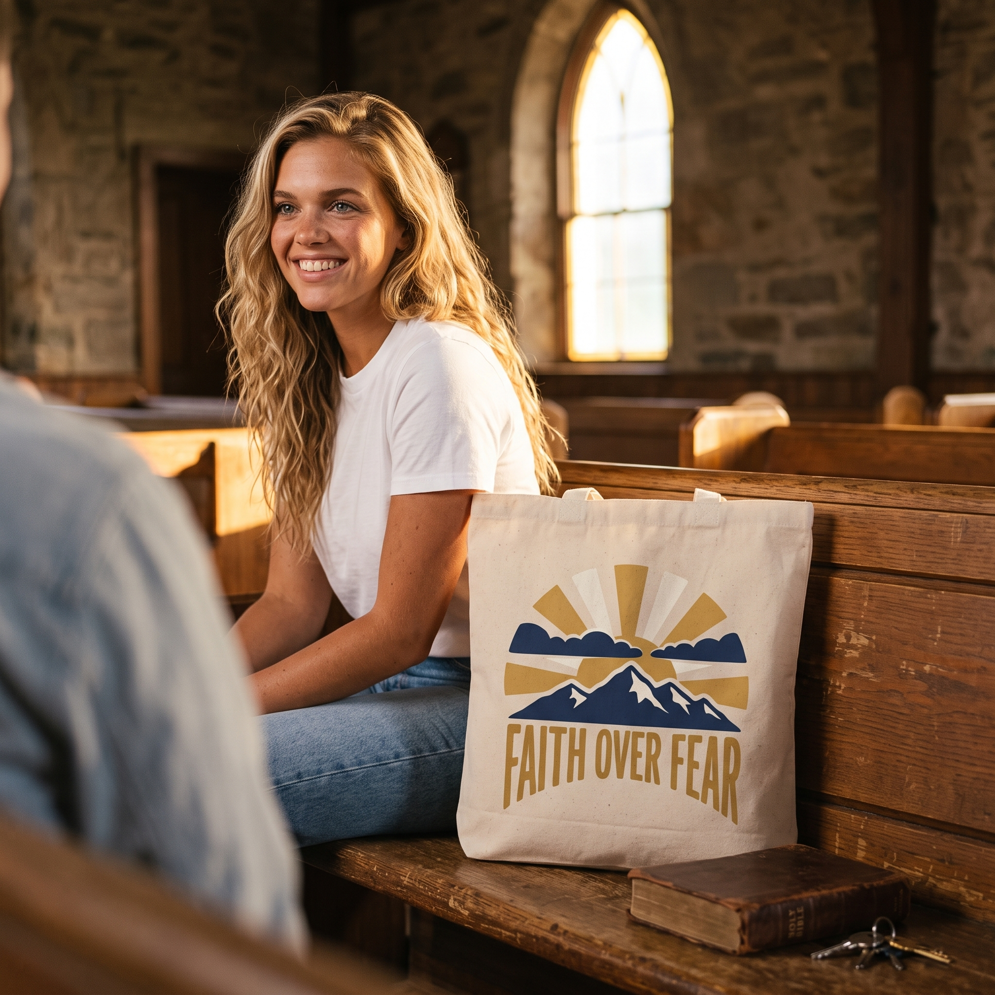Faith Over Fear canvas tote resting on a wooden church pew in afternoon light