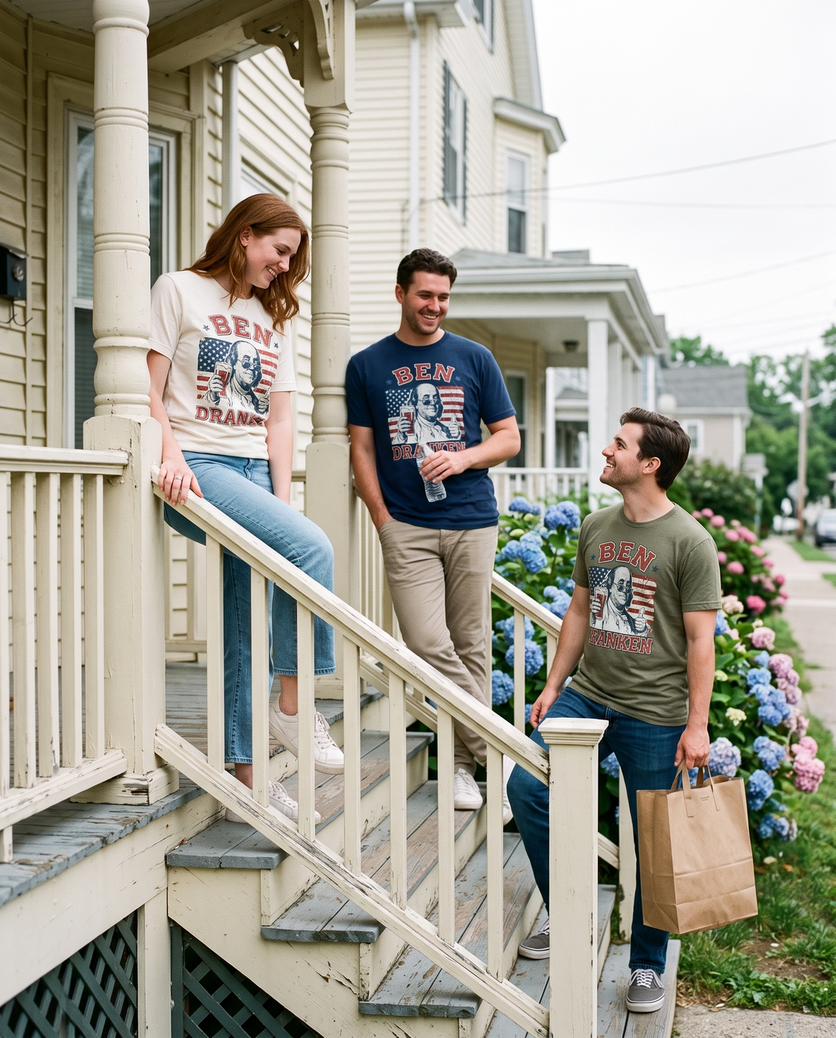 Ben Dranken tee on front steps on an overcast afternoon, three colourways in frame