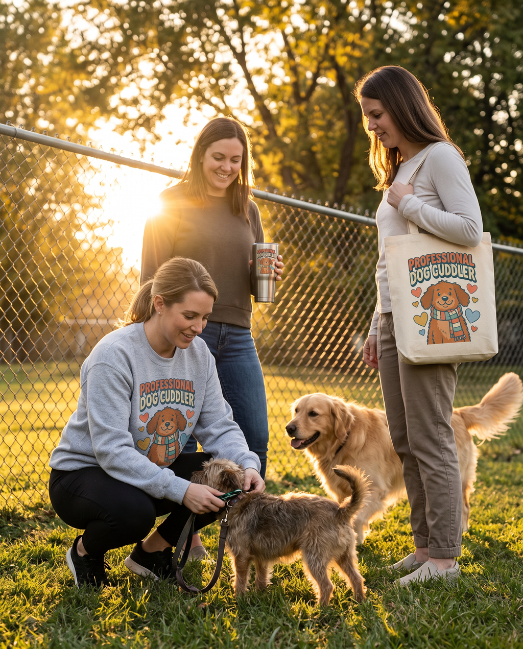 Professional Dog Cuddler crewneck sweatshirt at a dog park at golden hour with the matching tumbler and tote