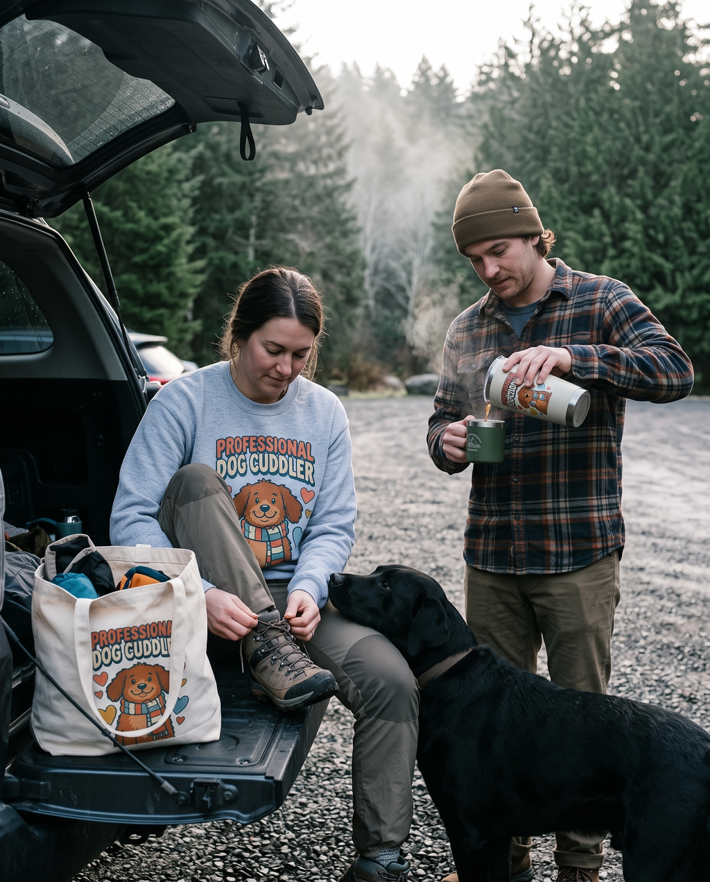 Professional Dog Cuddler crewneck sweatshirt at a trailhead tailgate at sunrise with a black labrador and the travel tumbler