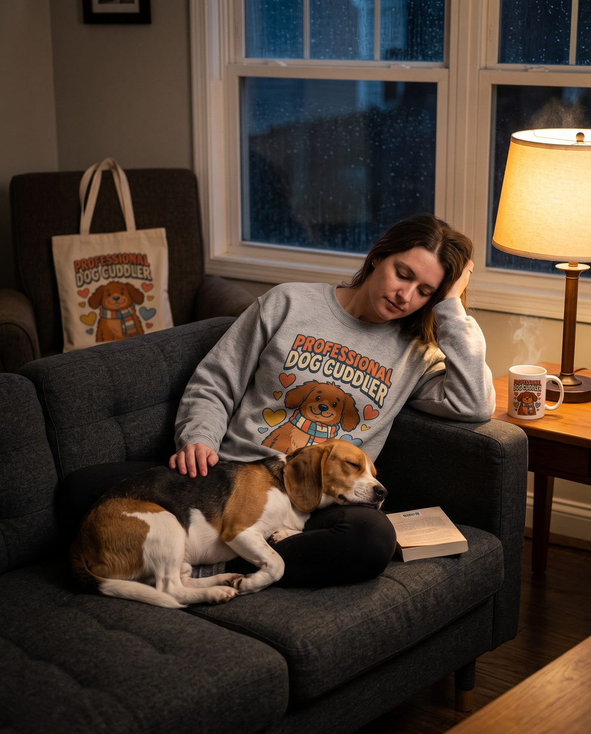 Professional Dog Cuddler mug on a side table on a rainy evening beside a sleeping beagle