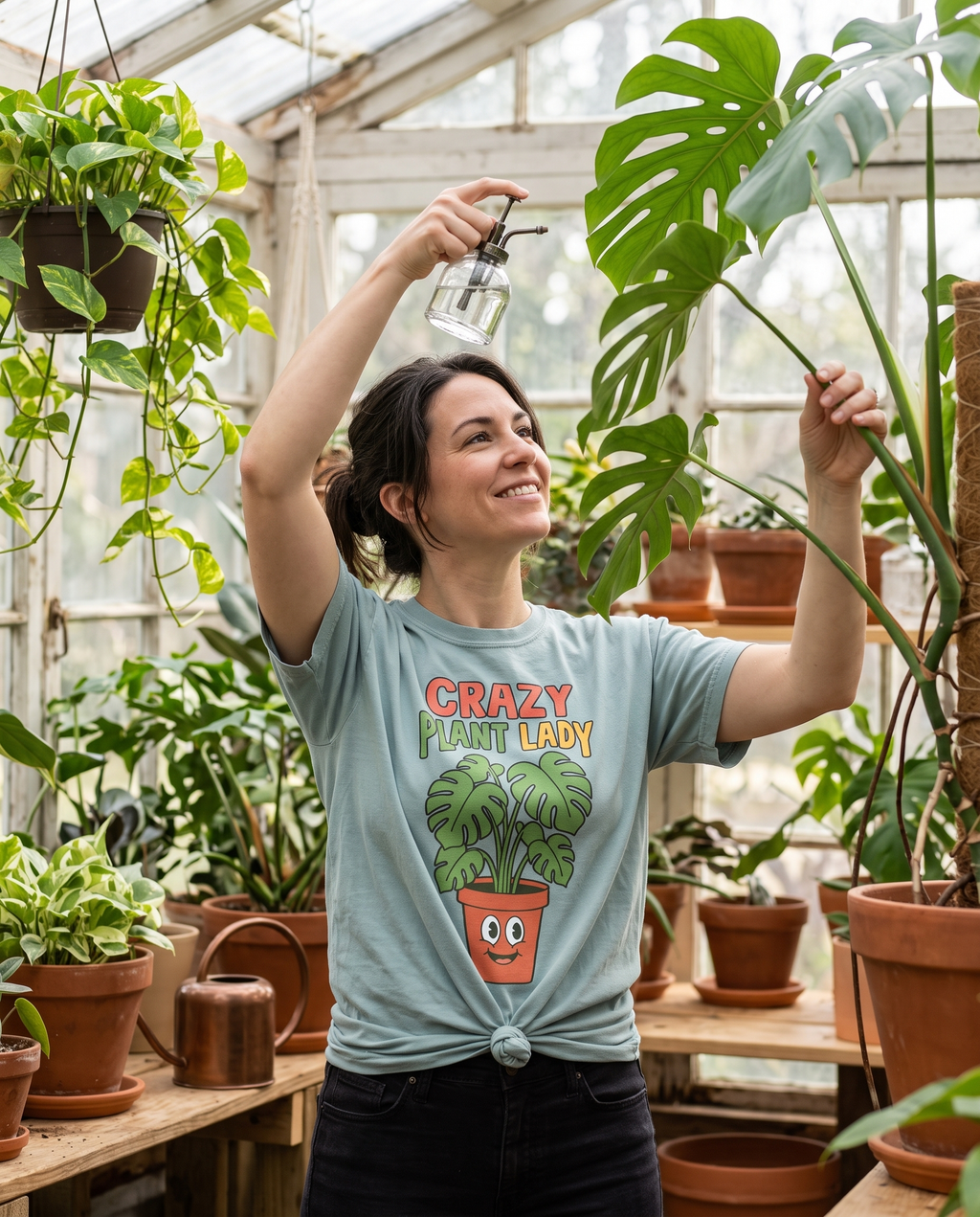Woman in a pale blue Crazy Plant Lady tee misting a monstera in a plant-filled sunroom