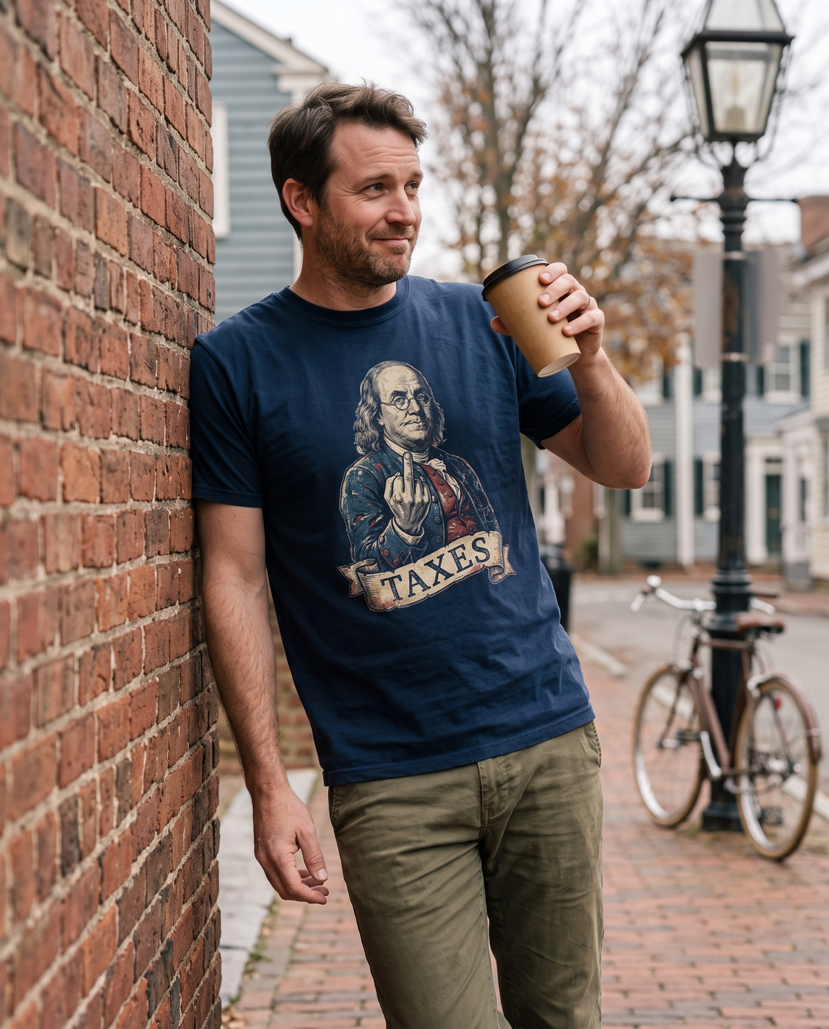 Man in a navy Ben Franklin TAXES garment-dyed tee on an old brick main street on an autumn afternoon