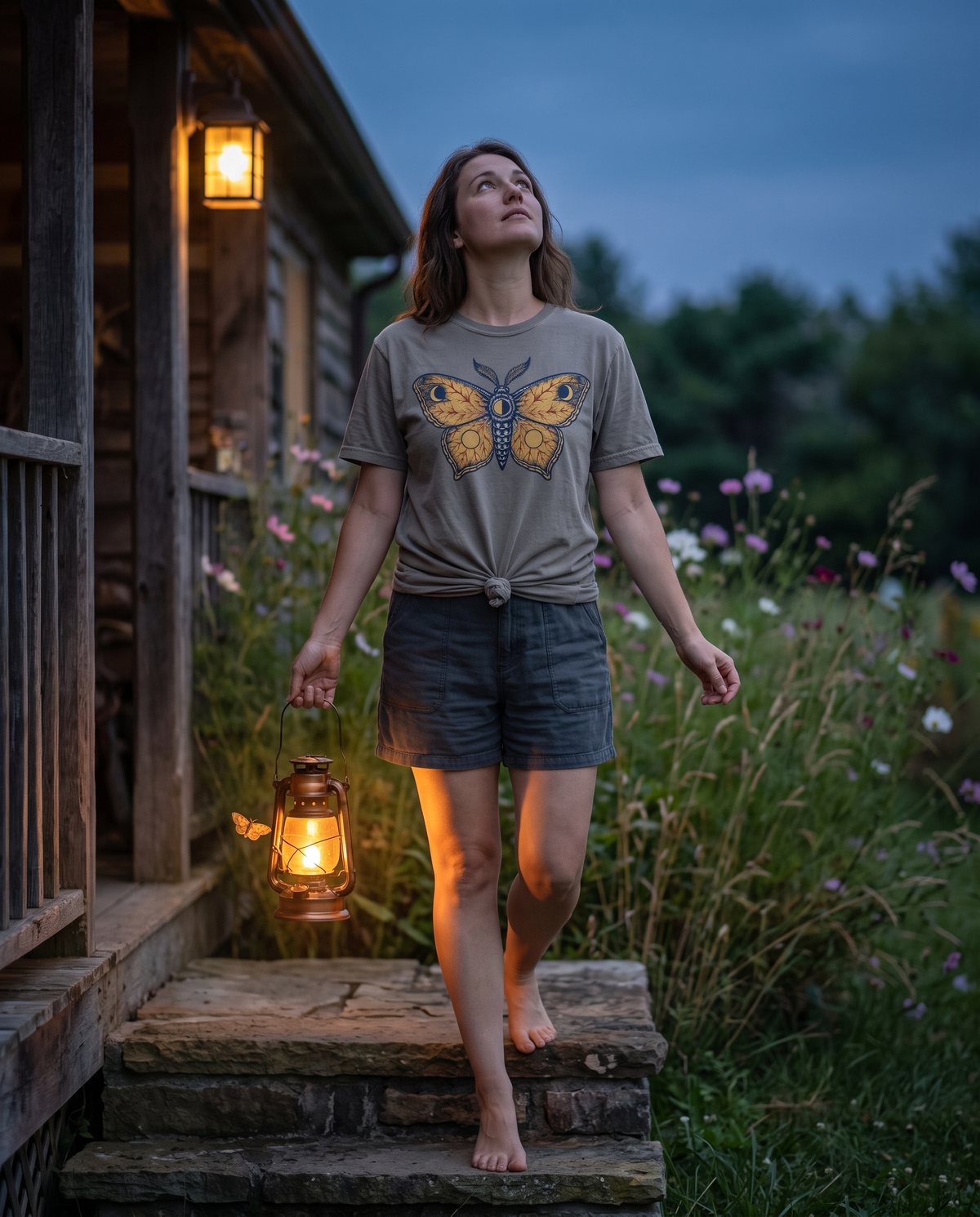 Woman in a warm grey Celestial Moth tee stepping off a cottage porch with a lantern at dusk