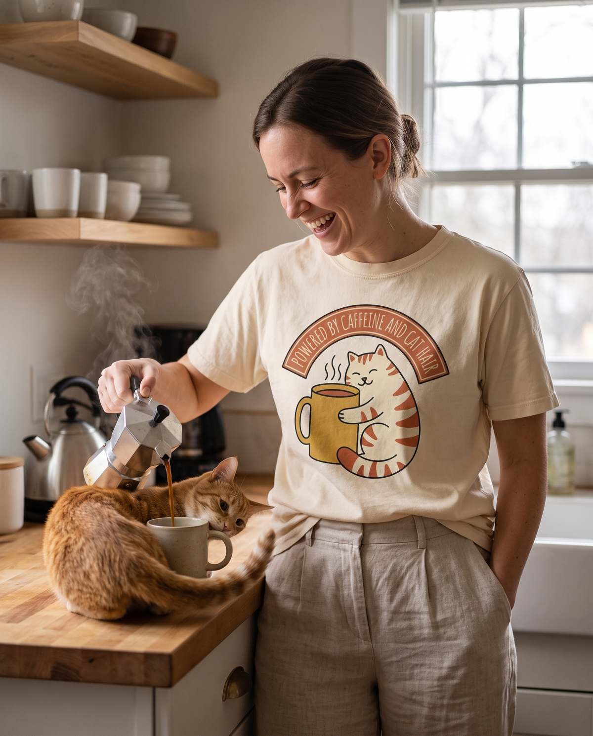 Woman in a cream Cat Coffee tee pouring coffee in a sunlit kitchen while a ginger tabby winds around the counter