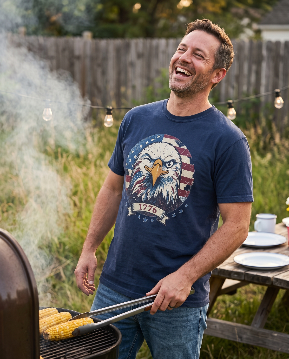 Man in a navy Winking 1776 Eagle garment-dyed tee at a backyard grill on a summer evening