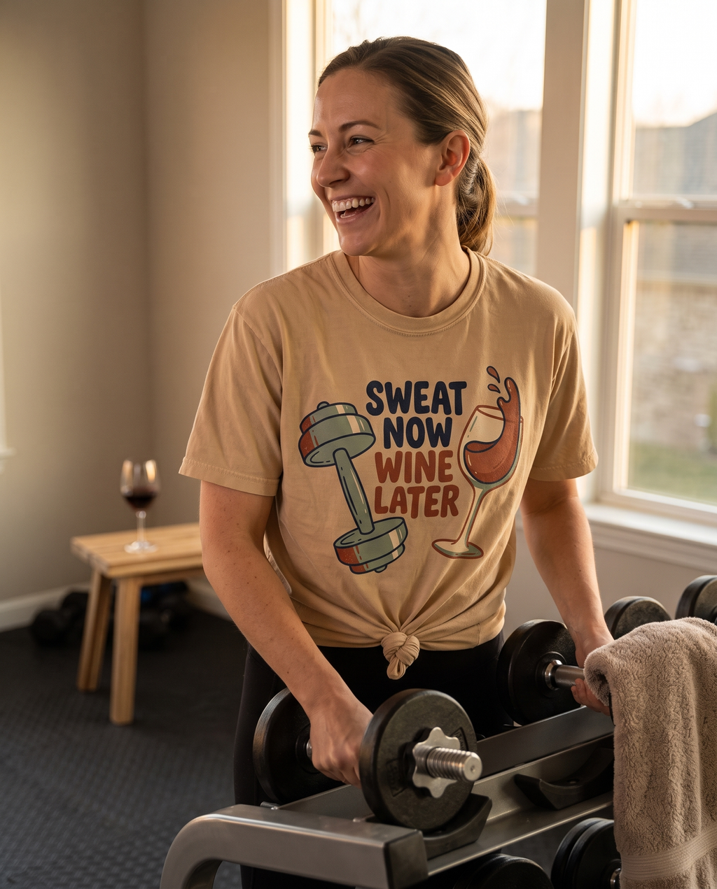 Woman in a tan Sweat Now Wine Later tee racking a dumbbell in a home gym with a glass of red wine waiting