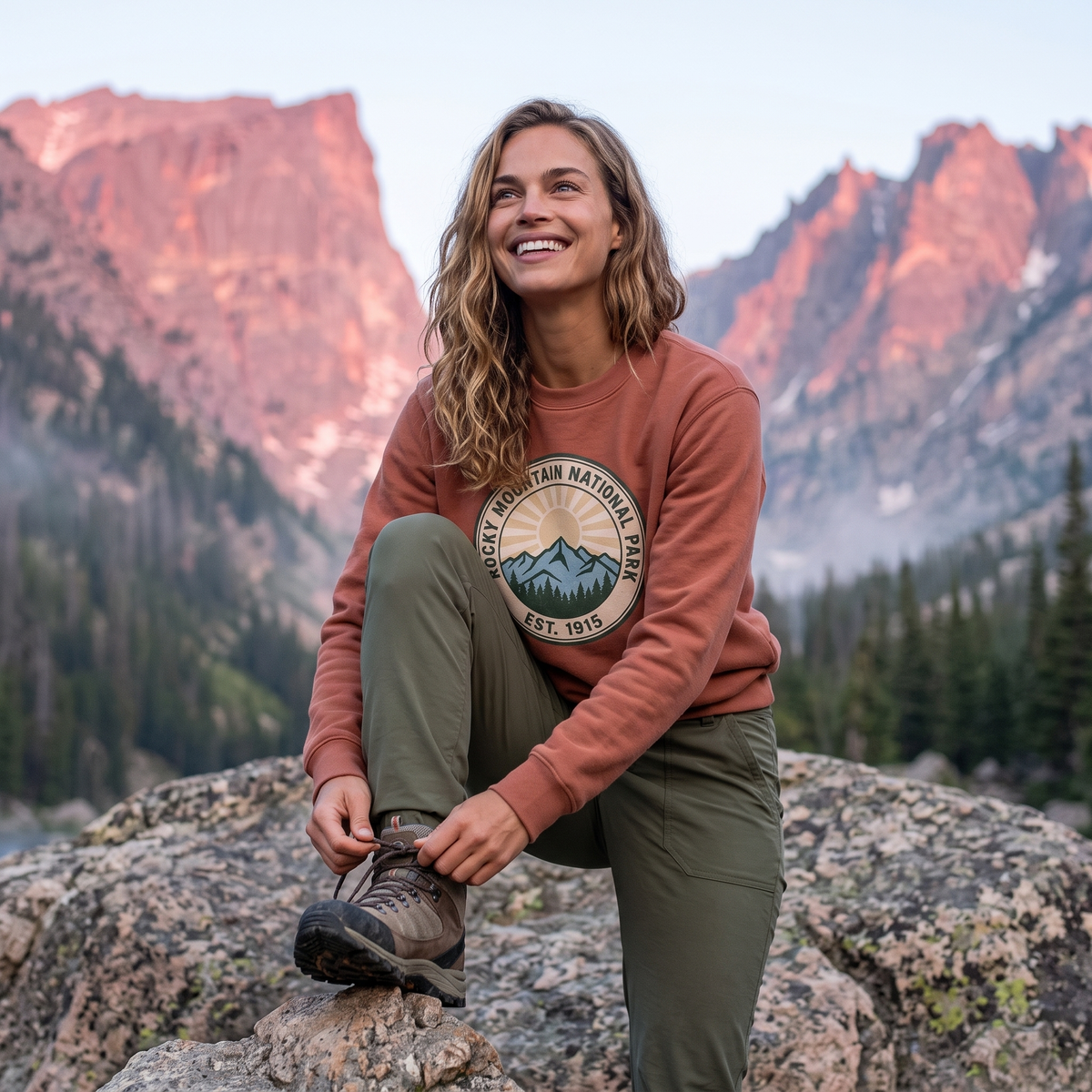 Rocky Mountain National Park crewneck sweatshirt in Clay, lifestyle photograph