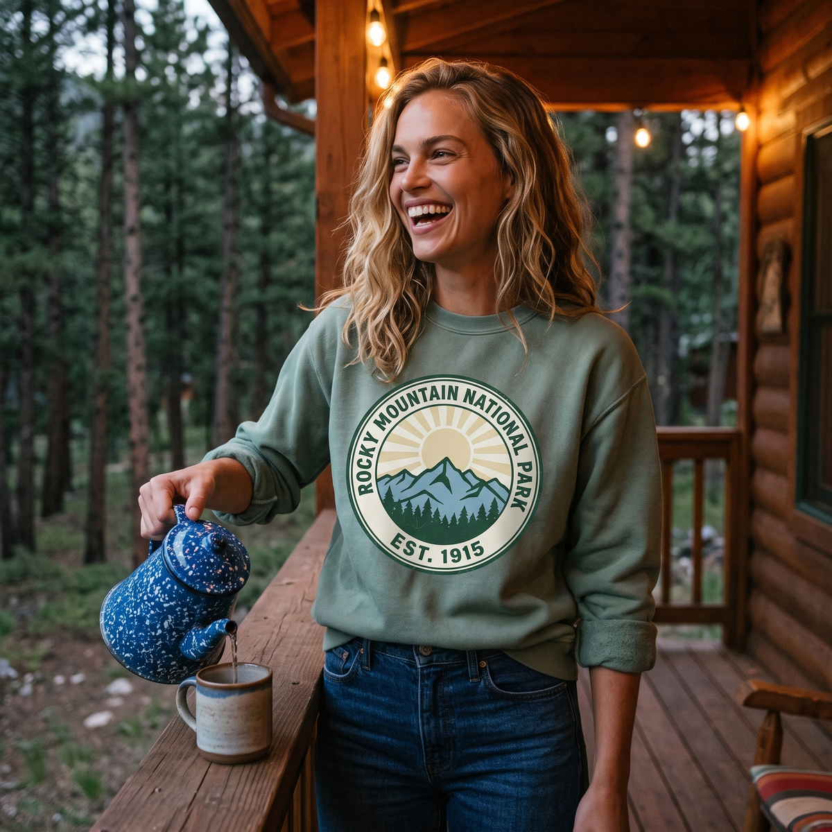 A woman laughs on a log cabin porch pouring from a speckled blue kettle, in a sage crewneck with a ROCKY MOUNTAIN NATIONAL PARK EST. 1915 badge.