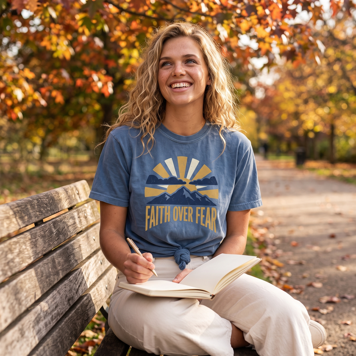 Faith Over Fear Shirt in Blue Jean, lifestyle photograph