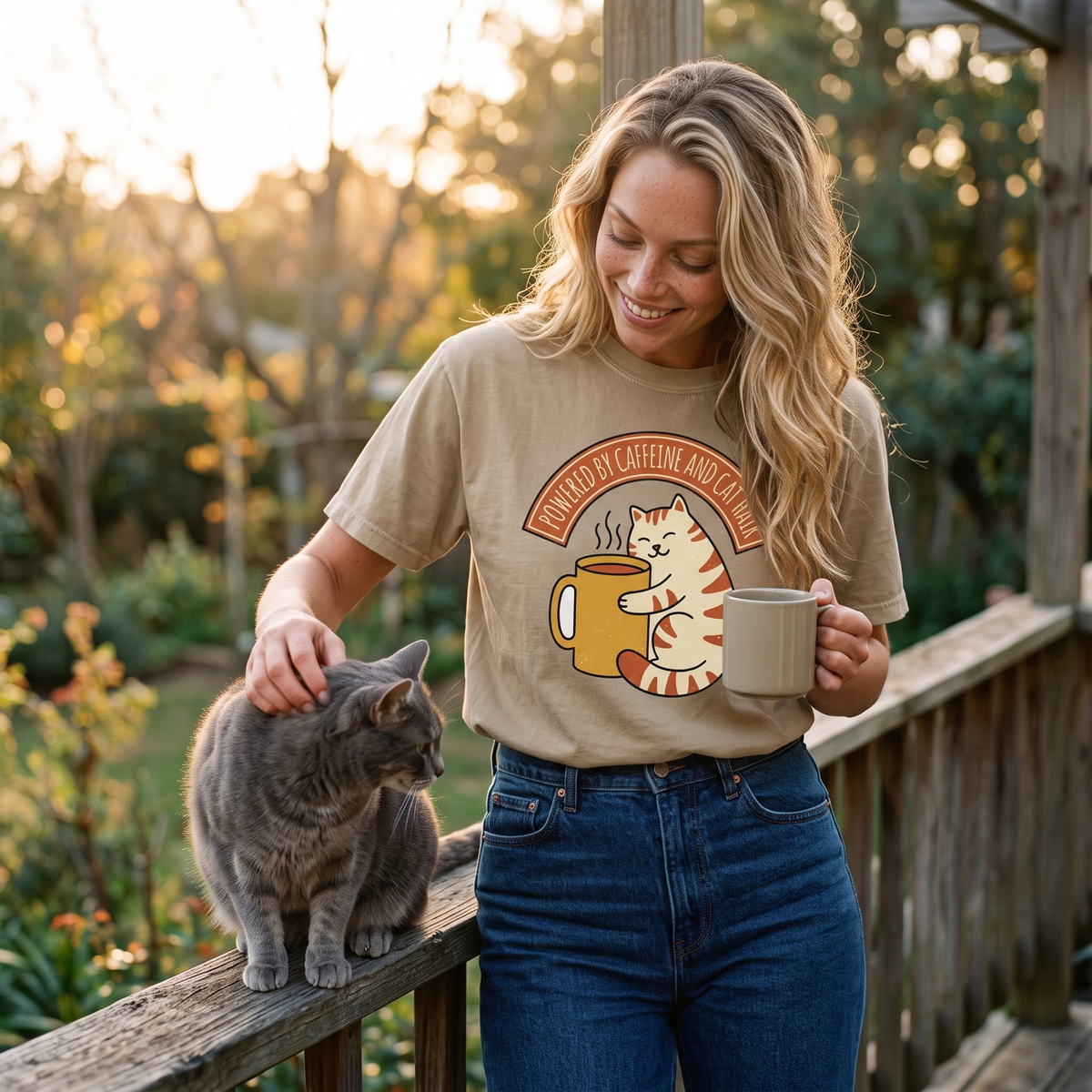 Cat Coffee Tee in Khaki, lifestyle photograph