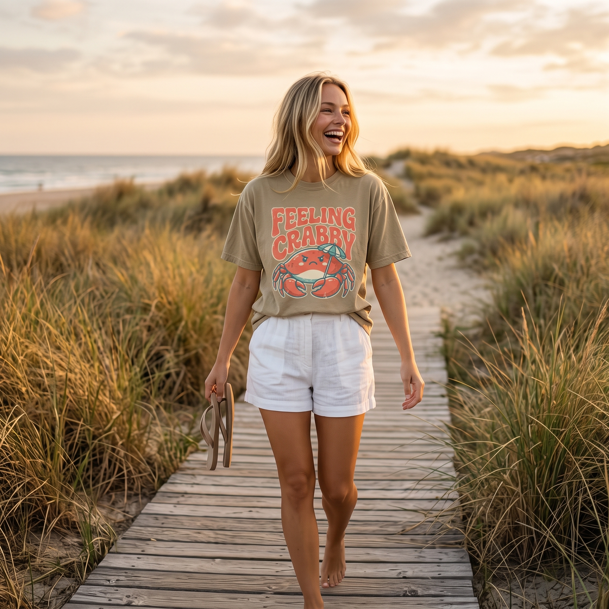 Feeling Crabby Shirt in Khaki, lifestyle photograph