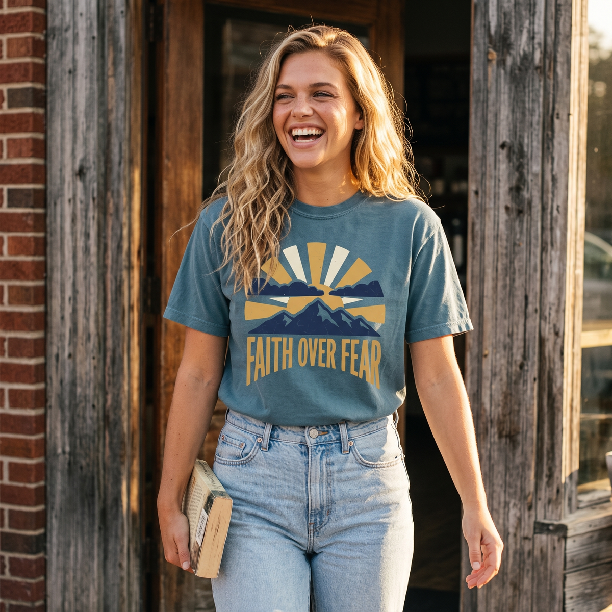 Faith Over Fear Shirt in Bay, lifestyle photograph