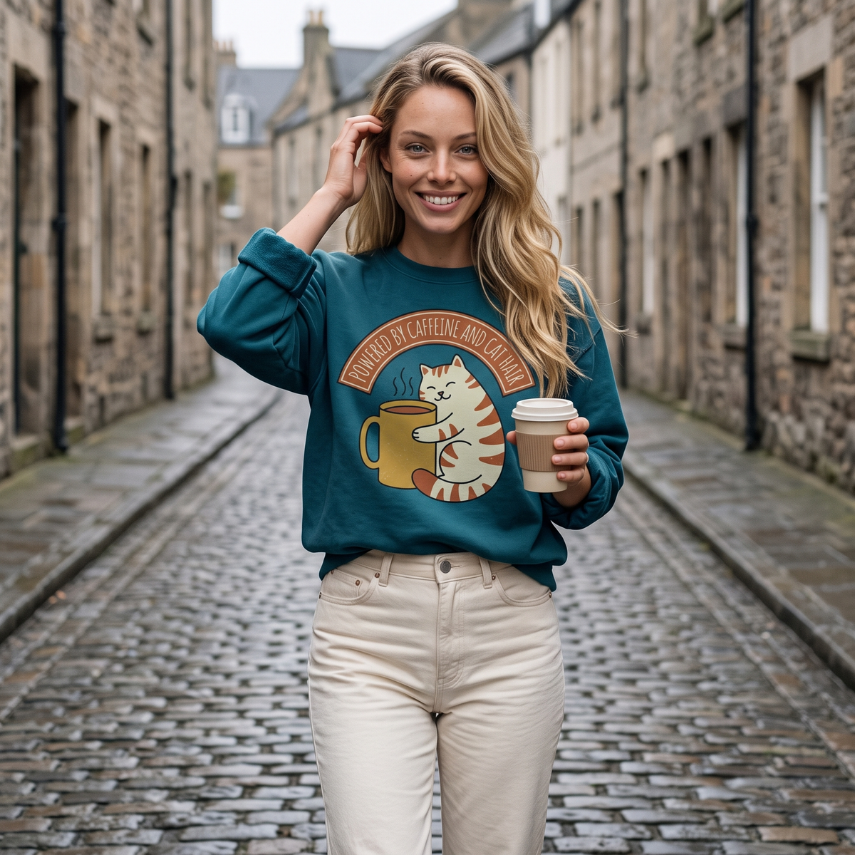 A woman walks a cobbled stone lane with a takeaway coffee cup, in a teal crewneck printed POWERED BY CAFFEINE AND CAT HAIR above a cat hugging a mug.