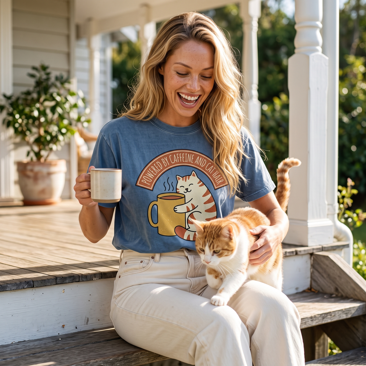 Cat Coffee Tee in Blue Jean, lifestyle photograph