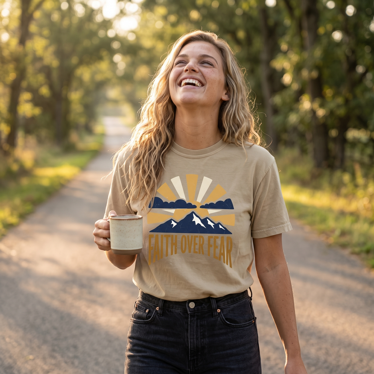 Faith Over Fear Shirt in Khaki, lifestyle photograph