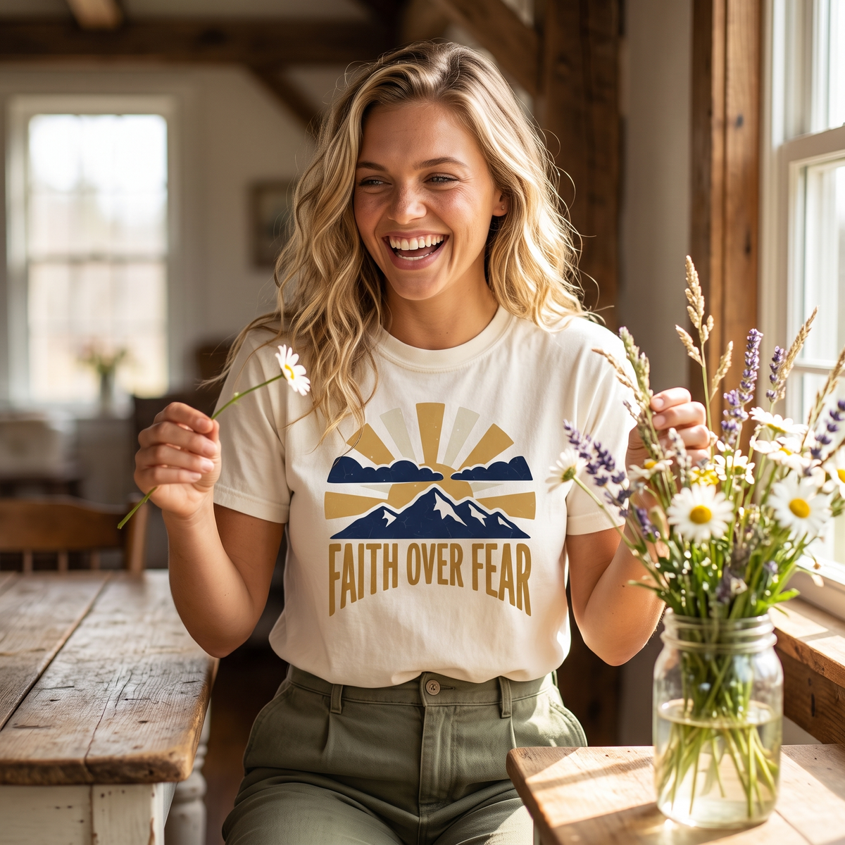 Faith Over Fear Shirt in Ivory, lifestyle photograph