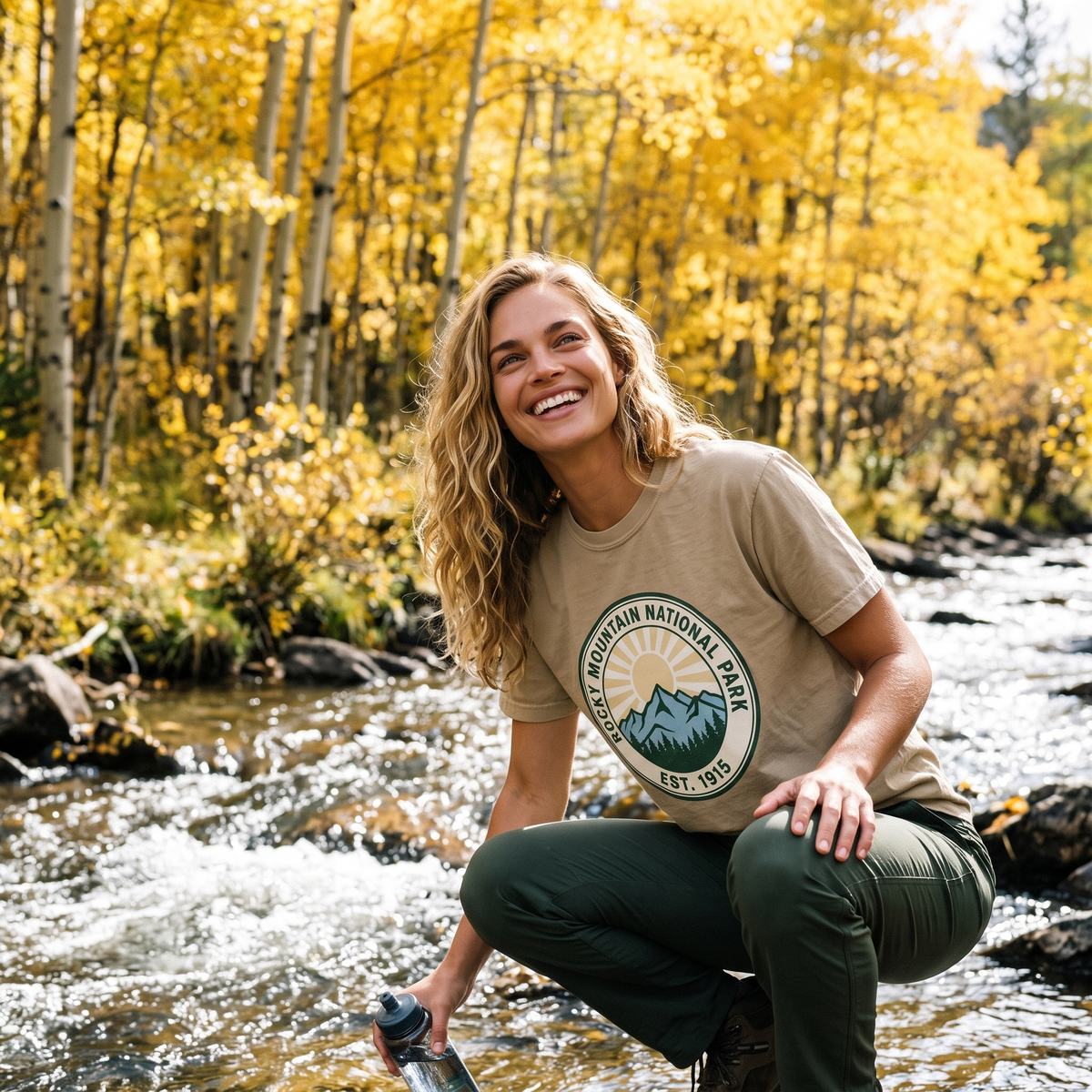 A woman crouches by a rushing stream in golden aspens filling a water bottle, in a tan tee with a ROCKY MOUNTAIN NATIONAL PARK EST. 1915 badge.