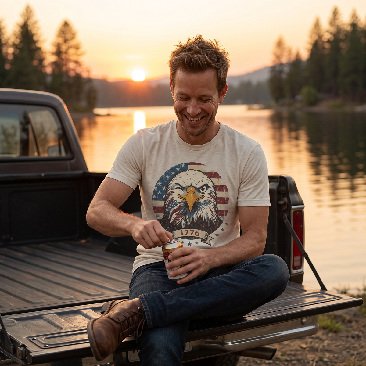 Winking 1776 Eagle Tee in Natural, lifestyle photograph