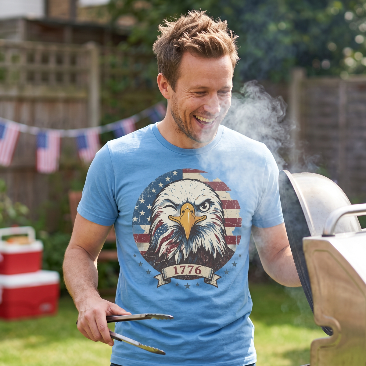 Winking 1776 Eagle Tee in Carolina Blue, lifestyle photograph