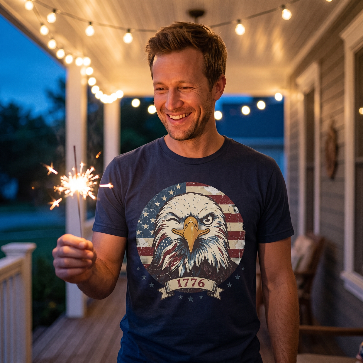 Winking 1776 Eagle Tee in Navy, lifestyle photograph