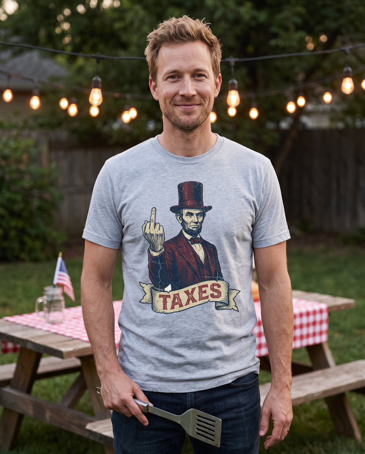 A man holds a spatula by a picnic table under string lights in a backyard, in a grey tee printed with Abraham Lincoln and a TAXES banner.
