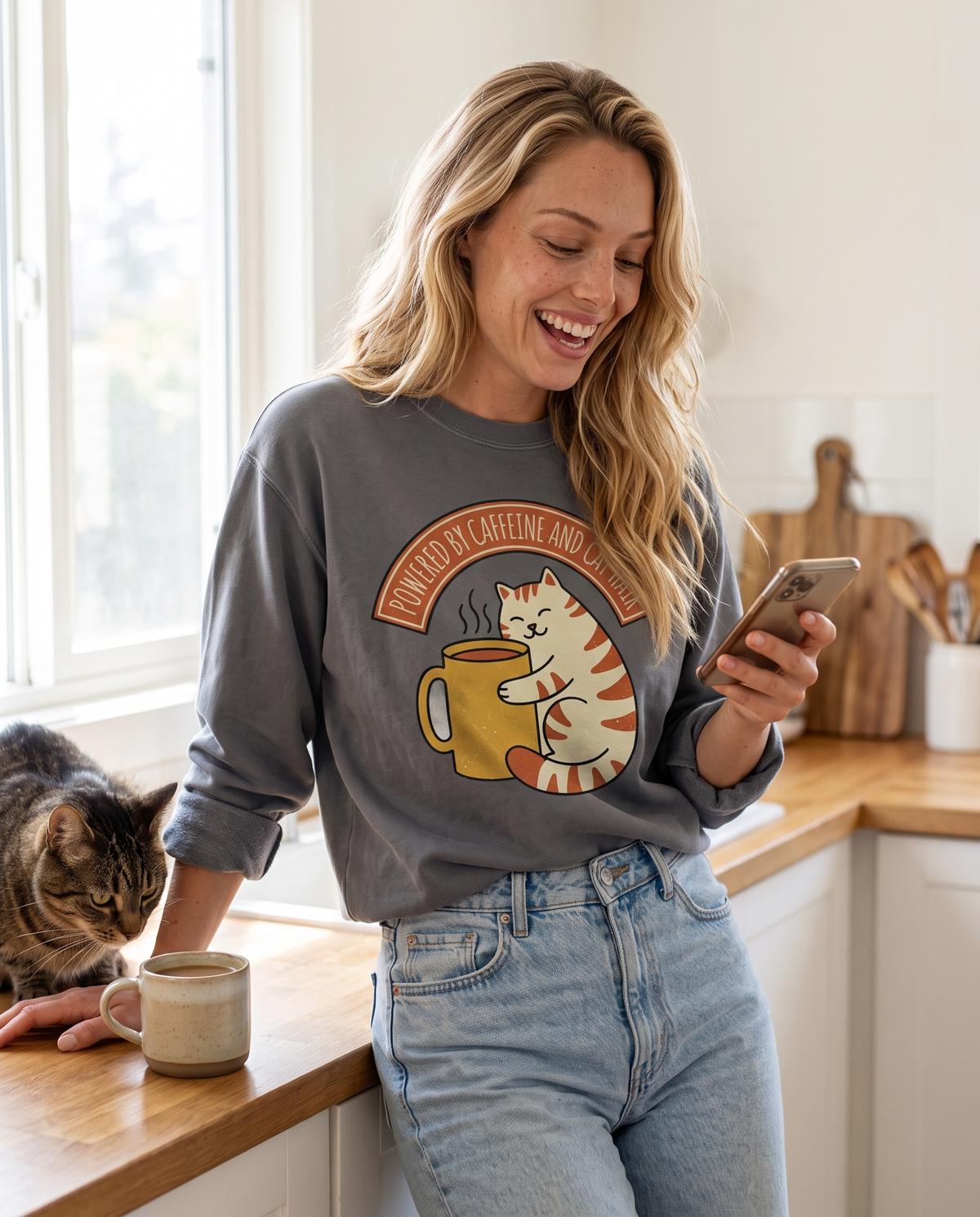 Cat Coffee Powered by Caffeine crewneck sweatshirt in Smoke, lifestyle photograph