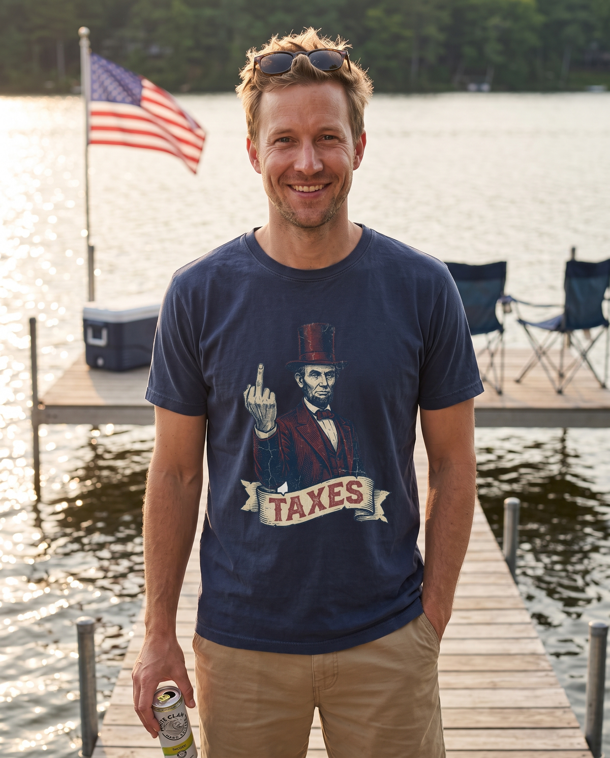 Abraham Lincoln TAXES Tee in Navy, lifestyle photograph