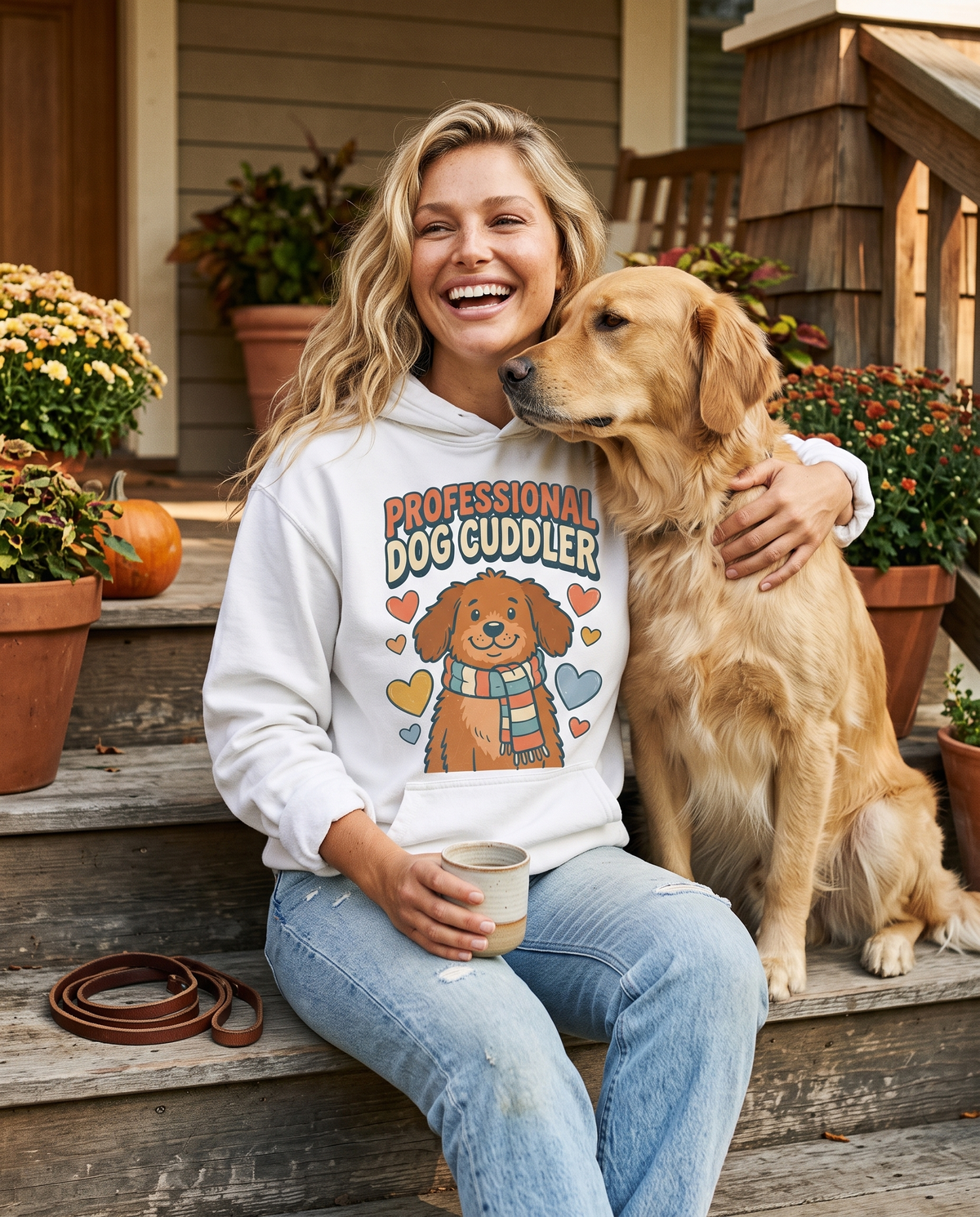 A woman laughs on porch steps with an arm around a golden retriever, mums and a pumpkin nearby, in a white hoodie printed PROFESSIONAL DOG CUDDLER.