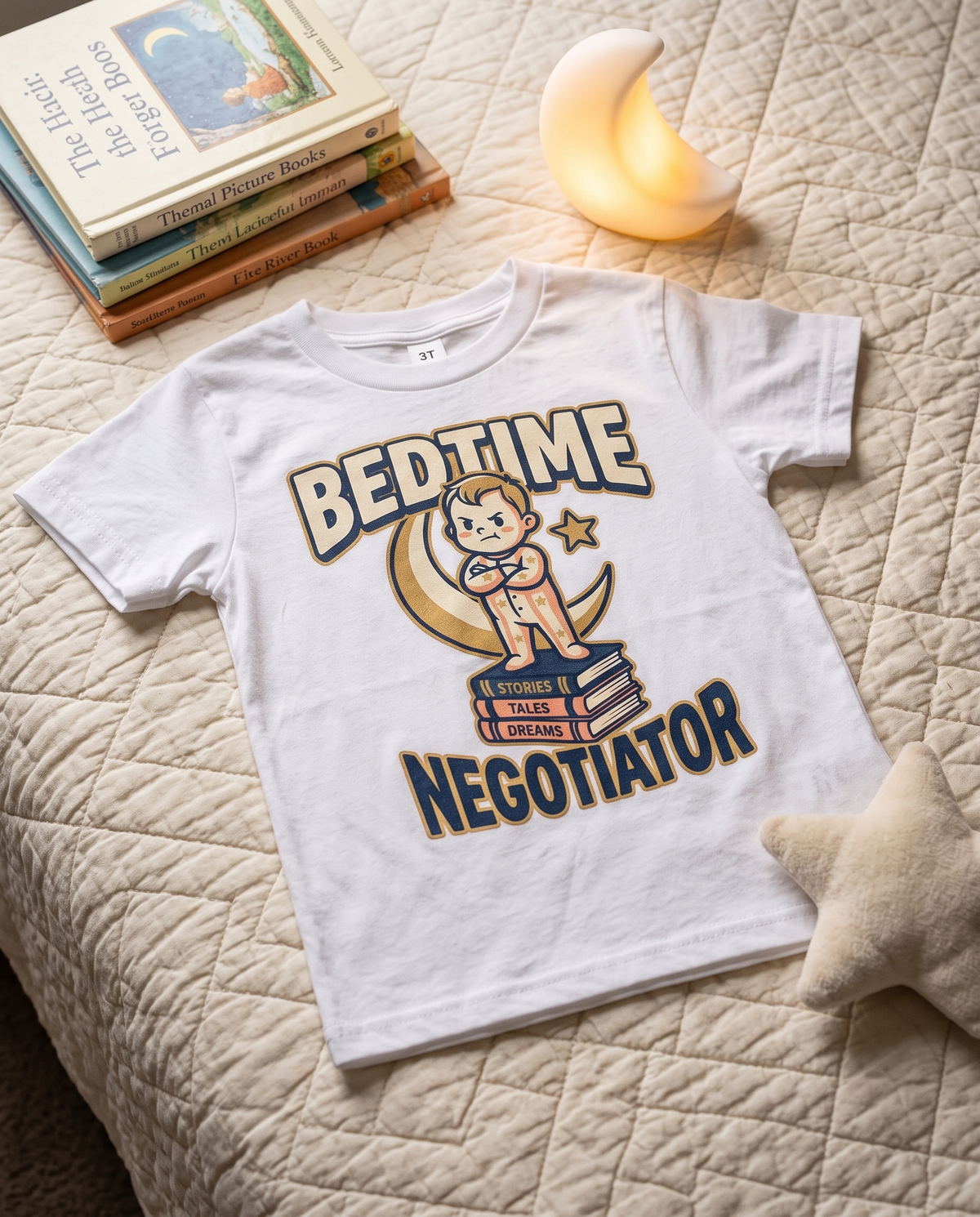 Bedtime Negotiator Toddler Shirt Funny Bedtime Tee, styled flat-lay photograph