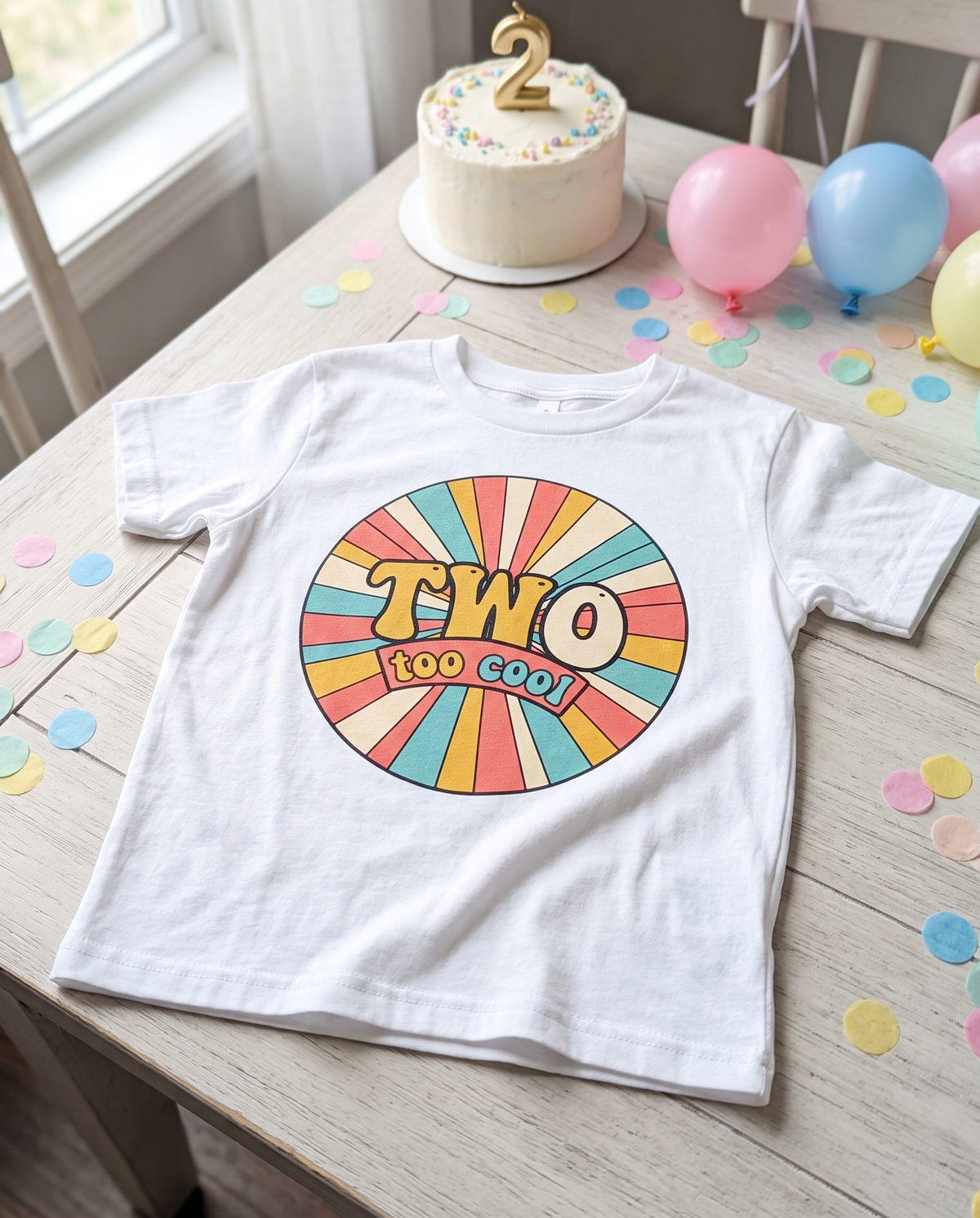 A white toddler tee printed TWO too cool in a retro sunburst lies on a table beside a frosted cake with a number two candle and pastel balloons.
