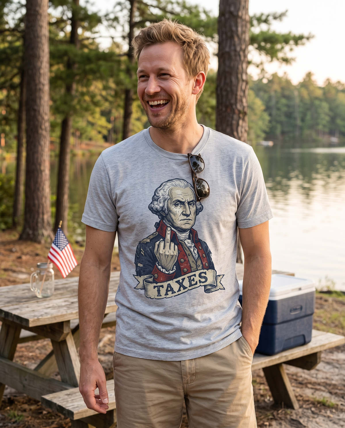 George Washington TAXES Tee in Sport Grey, lifestyle photograph