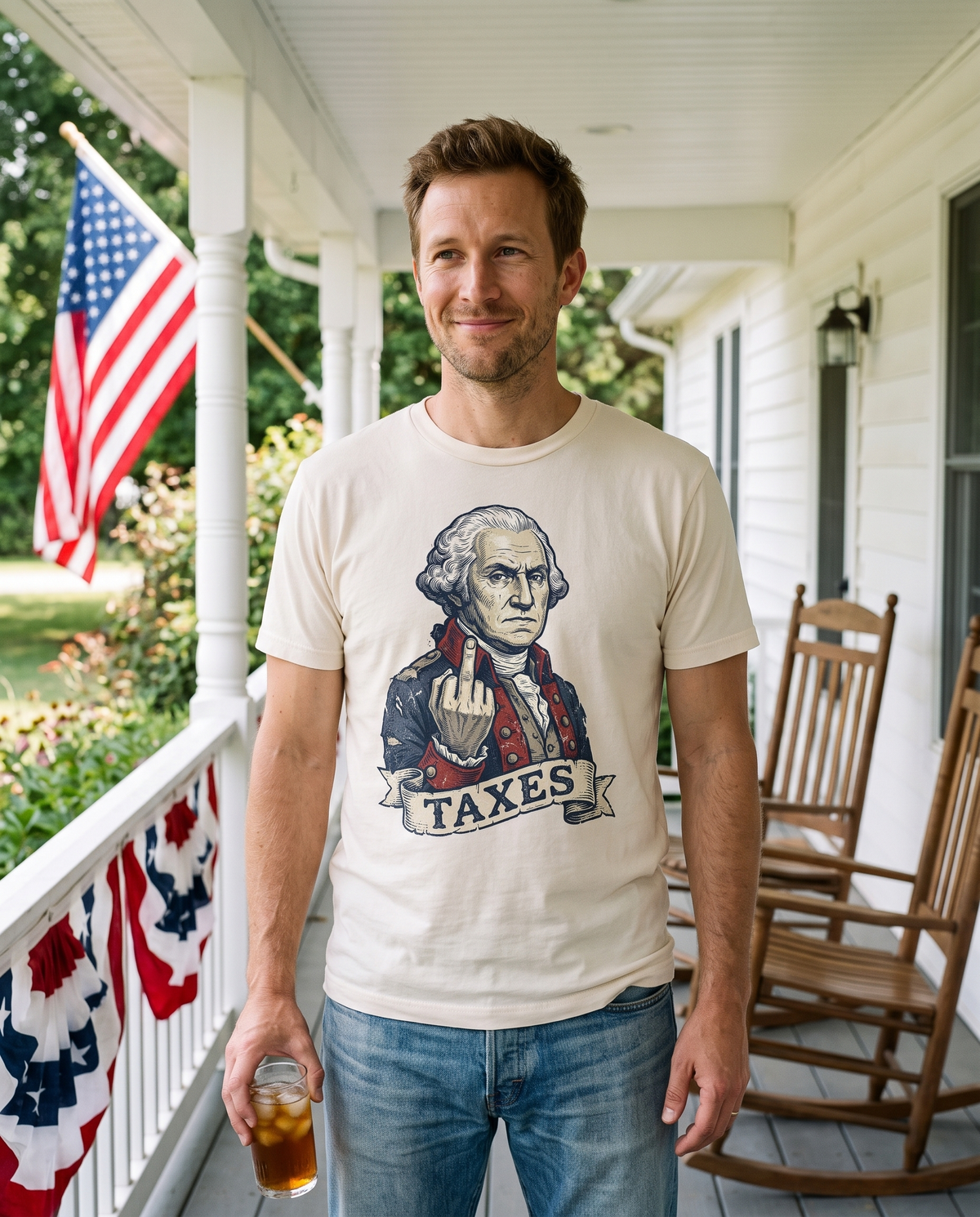 George Washington TAXES Tee in Natural, lifestyle photograph