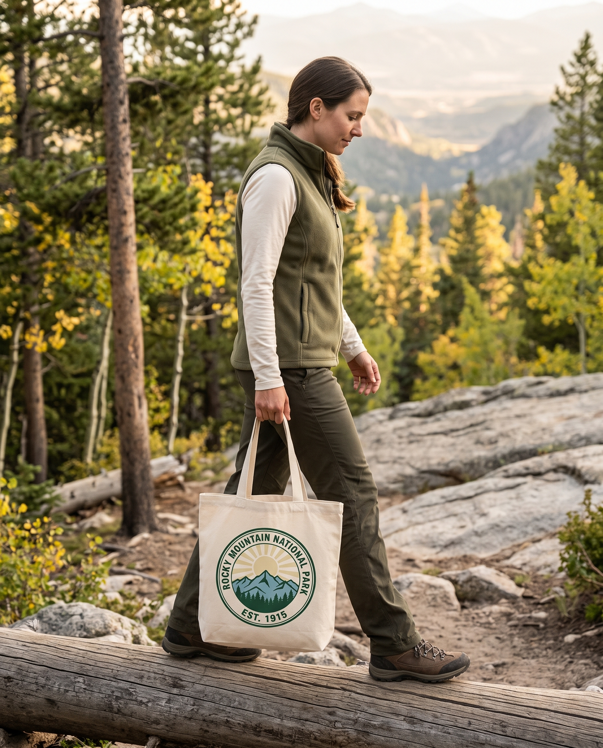 Rocky Mountain National Park canvas tote bag in natural, carried by a model stepping along a fallen log at a golden-hour mountain trailhead