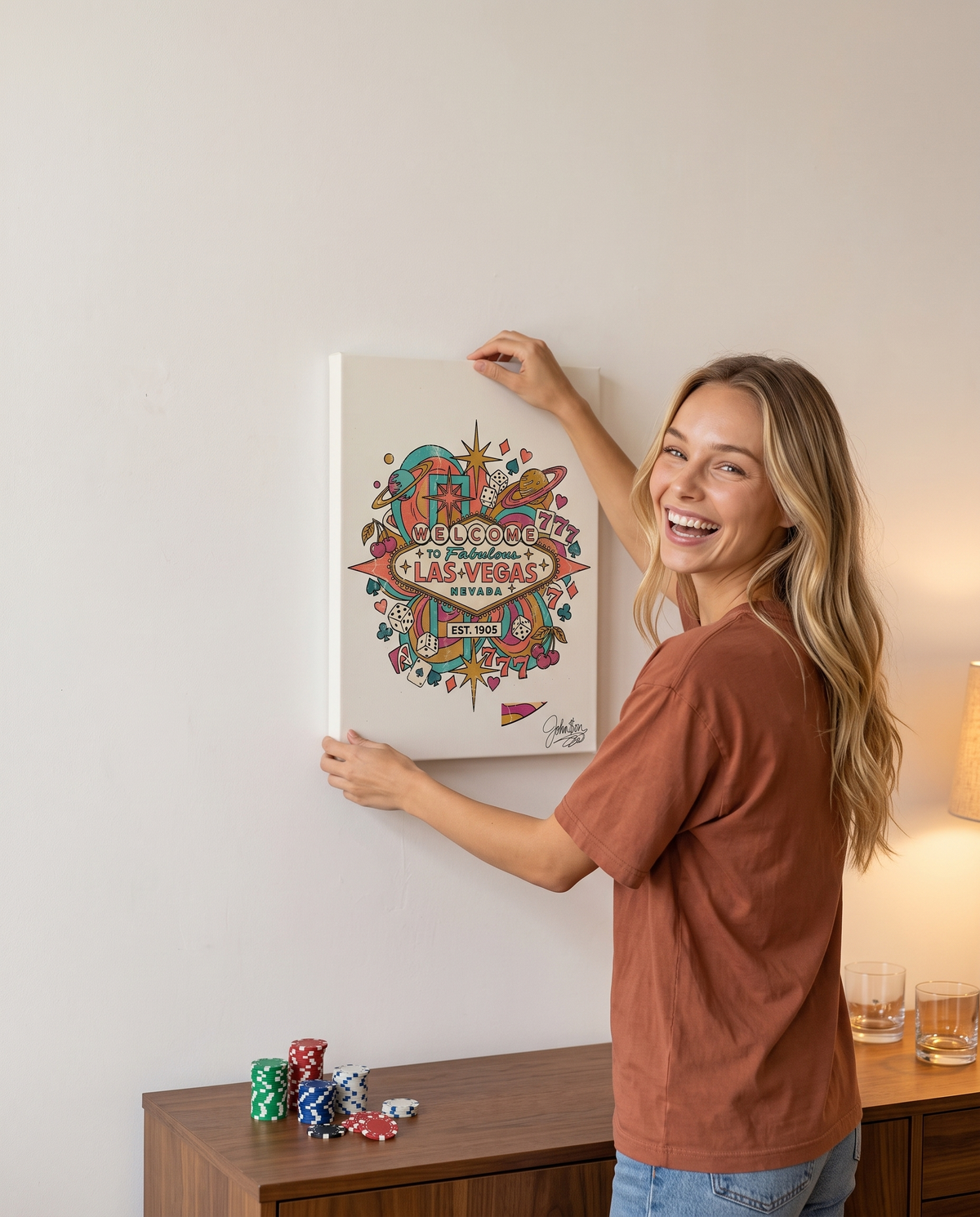 Retro Las Vegas canvas wall art, 18 by 24 inches, being hung in a living room