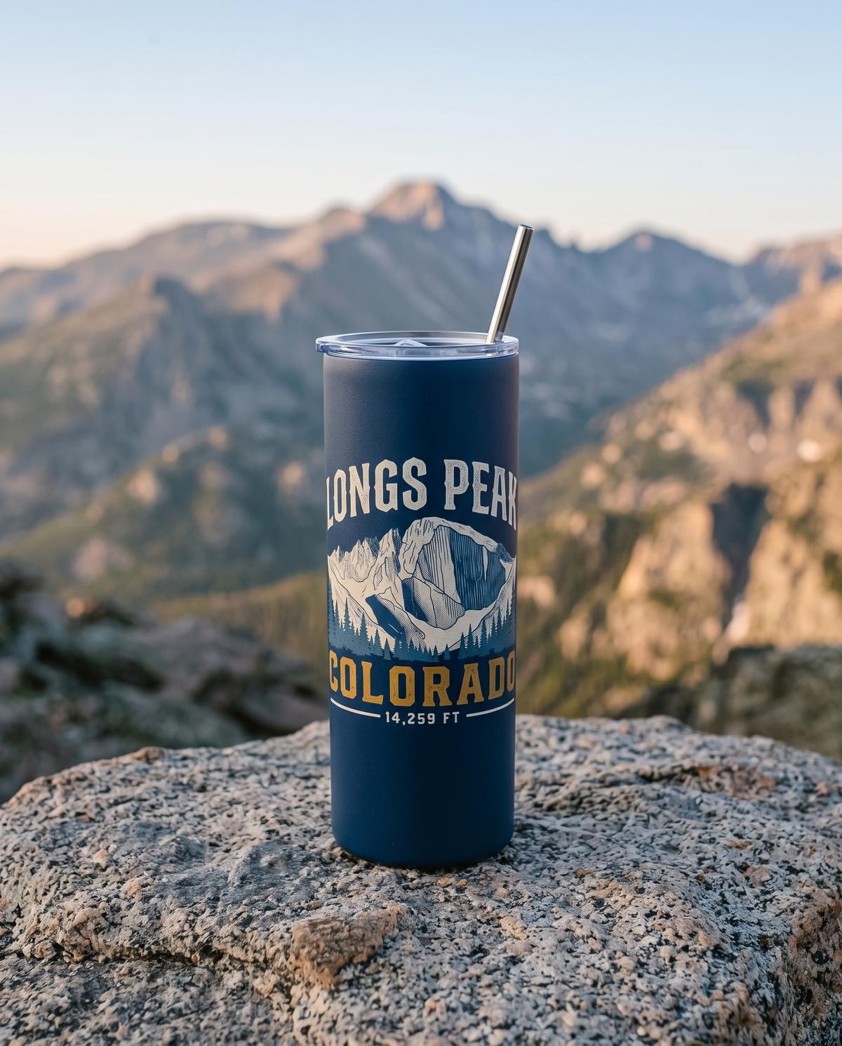 Longs Peak Colorado 20oz insulated tumbler in Navy on a summit rock