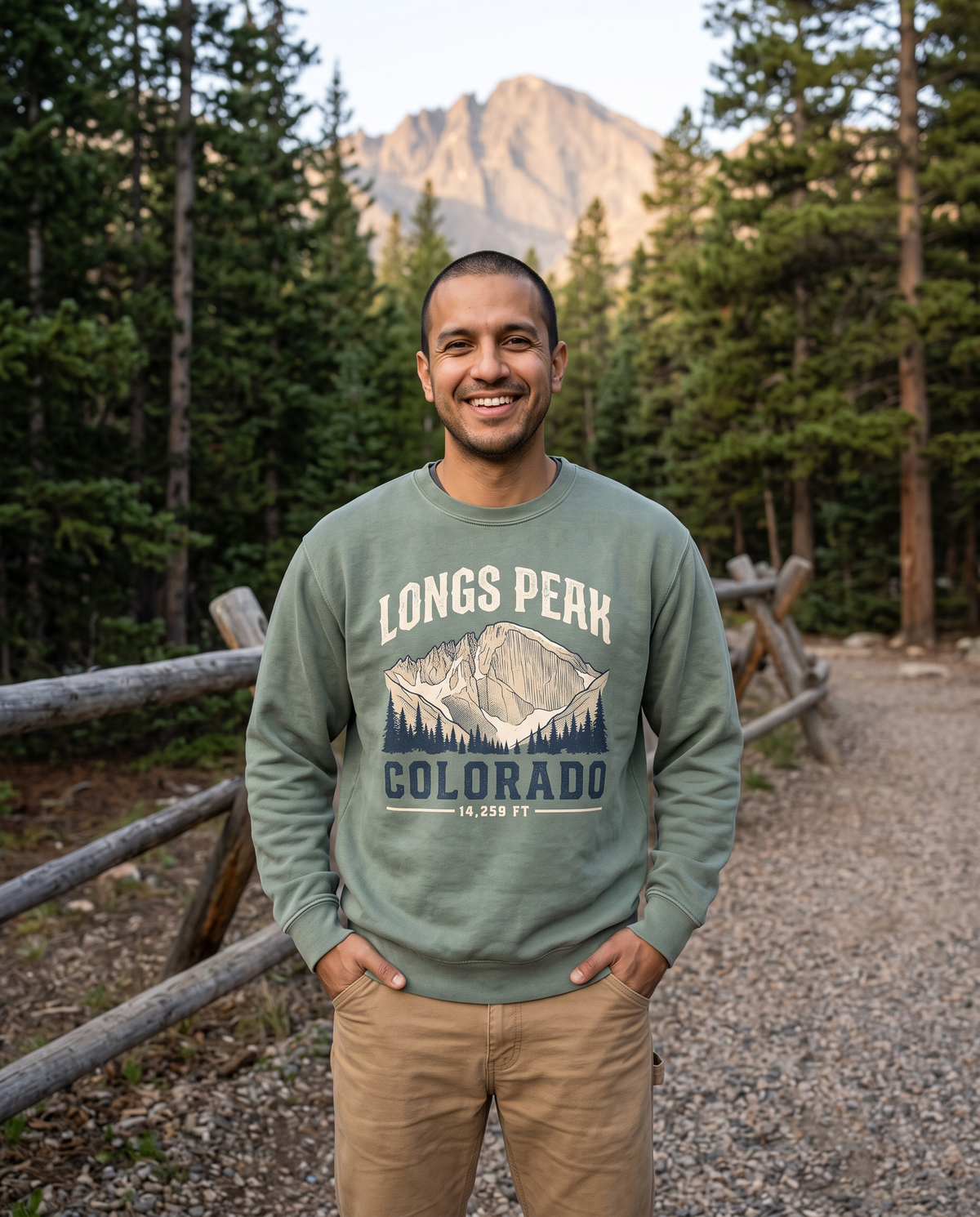 Longs Peak Colorado crewneck sweatshirt in Fern at a trailhead, lifestyle photograph