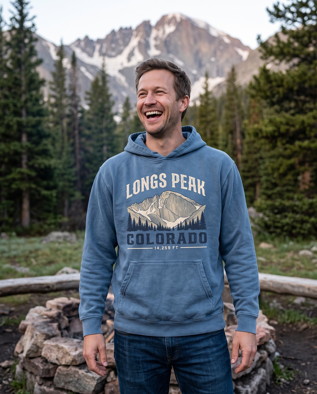 Longs Peak Colorado hoodie in Blue Jean at a mountain campfire, lifestyle photograph