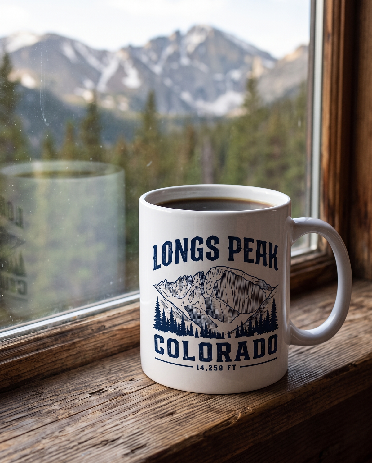 Longs Peak Colorado coffee mug on a cabin windowsill with a mountain view