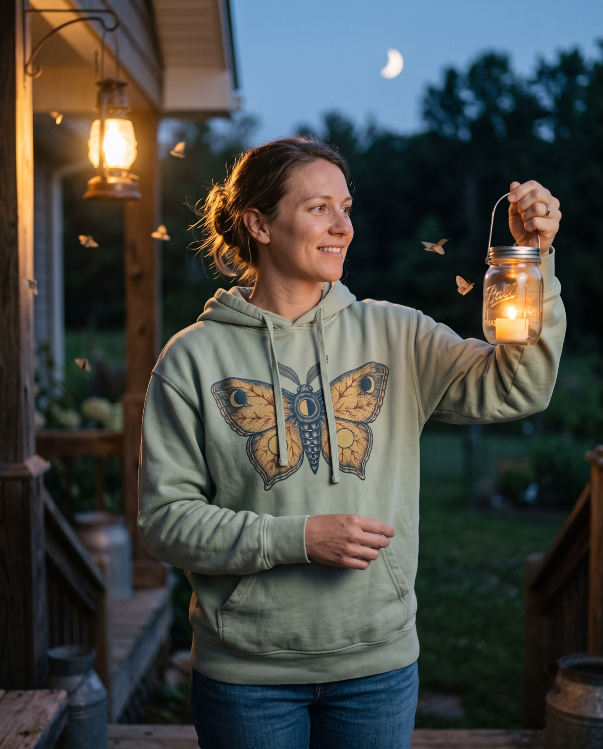 Woman in a Light Green Celestial Moth hoodie on a porch step at dusk holding a jar lantern up toward the dark garden, looking out with quiet delight.