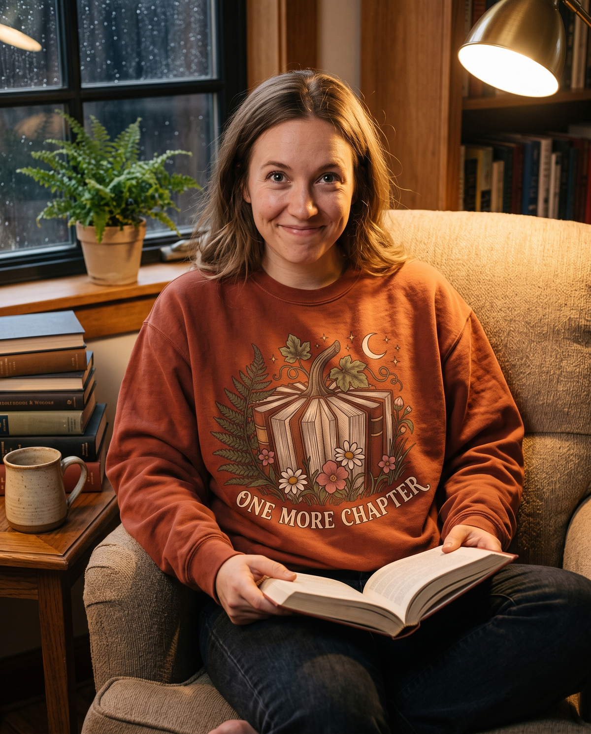 Woman in a Terracotta Book Lover crewneck sweatshirt curled in an armchair holding an open hardback, glancing up with a grin, a mug on the side table under warm lamplight.