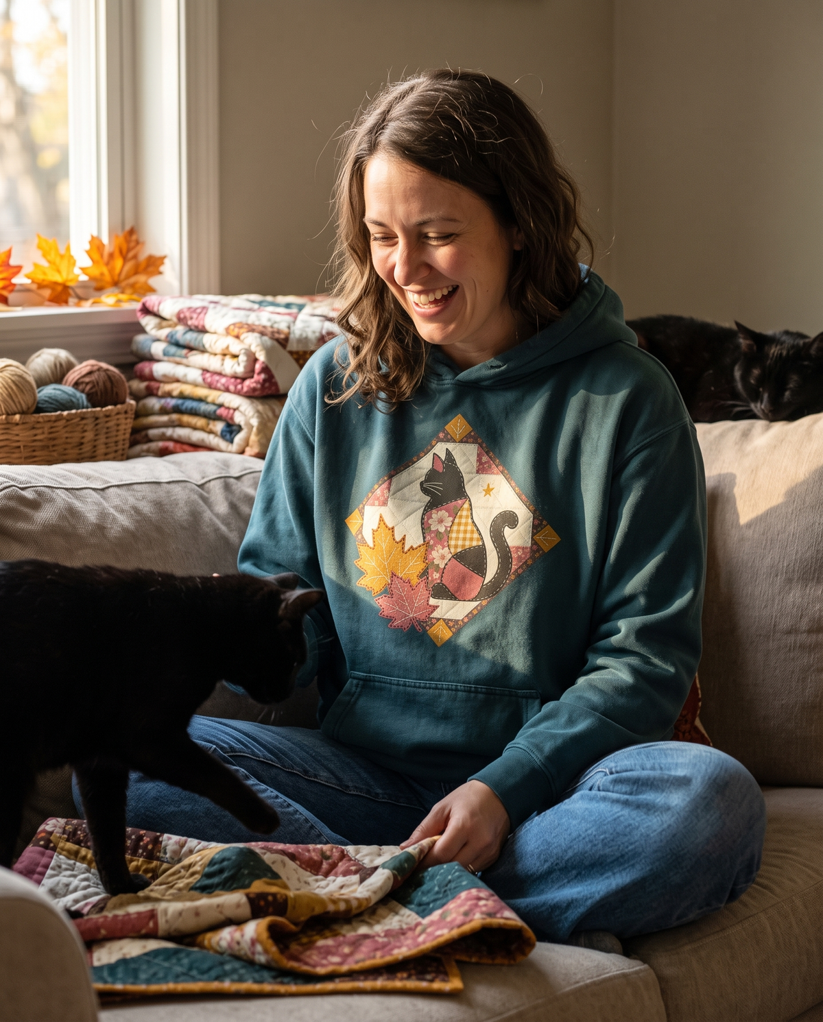 Woman in a Blue Spruce Black Cat hoodie sitting cross-legged on a sofa folding a patchwork quilt, laughing at a black cat climbing onto it, in low golden afternoon sun.