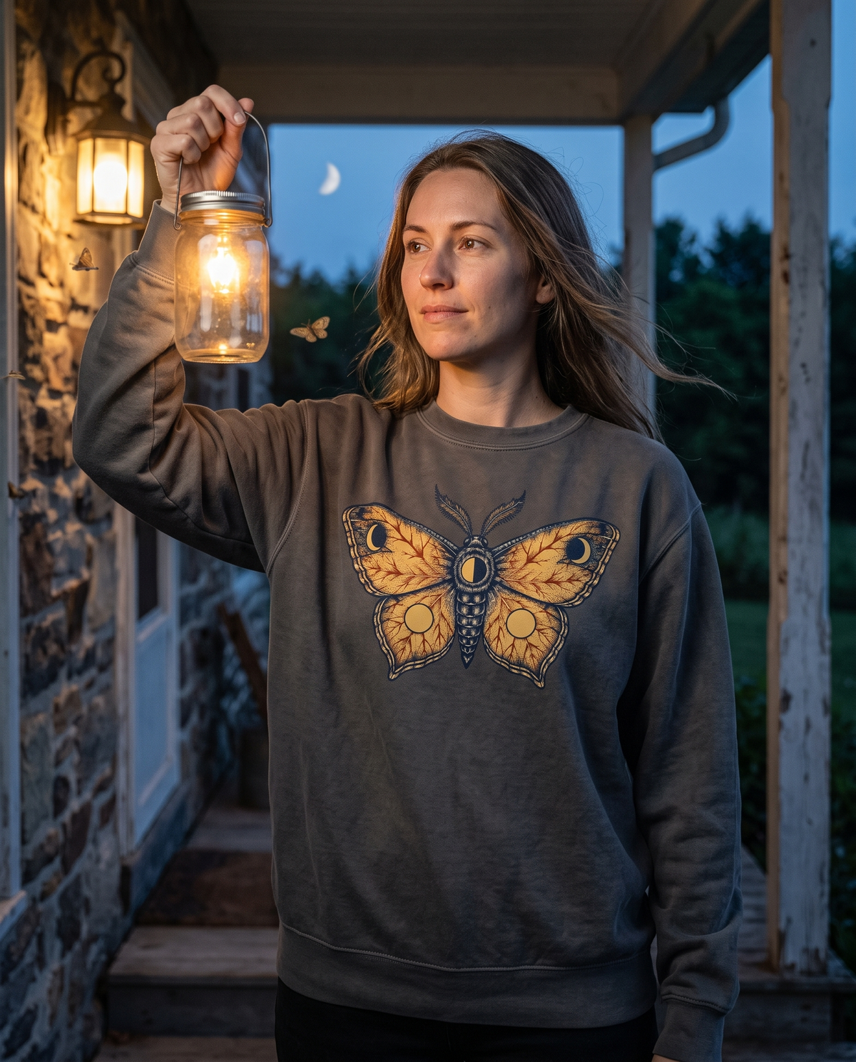 Woman in a Pepper Celestial Moth crewneck sweatshirt on a porch step at dusk holding a jar lantern up toward the dark garden, looking out with quiet delight.