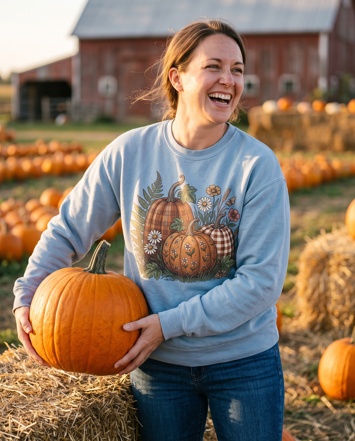 Woman in a Chambray Pumpkin crewneck sweatshirt lifting a fat orange pumpkin off a hay bale at a pumpkin patch, mid-laugh, in low warm harvest sun.