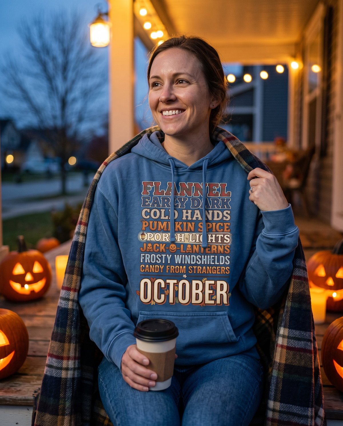 Woman in a Denim October hoodie on a front porch step in the early dark, tugging a flannel blanket around her shoulders and holding a paper cup, smiling out at the street.